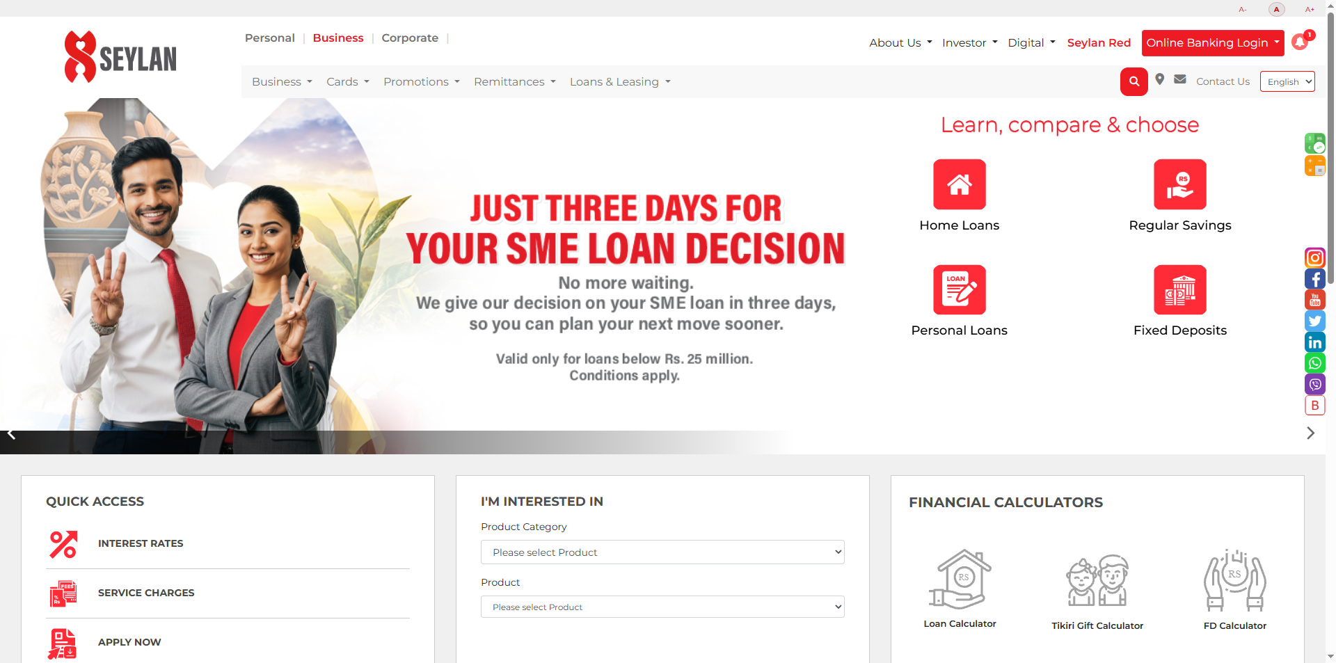 Seylan Bank public business-banking page, captured 28 July 2026
