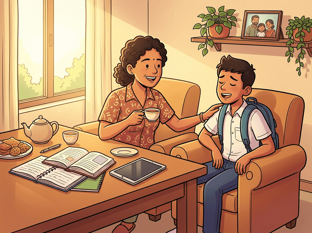 A Sri Lankan home setting with a parent and student having a calm conversation over tea. The parent