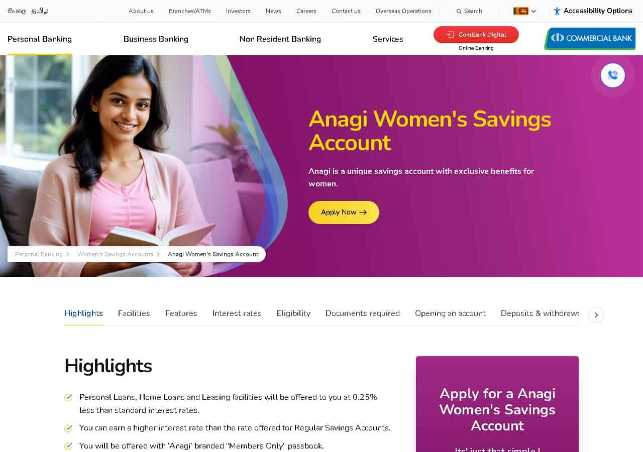 Commercial Bank Anagi women savings account Sri Lanka