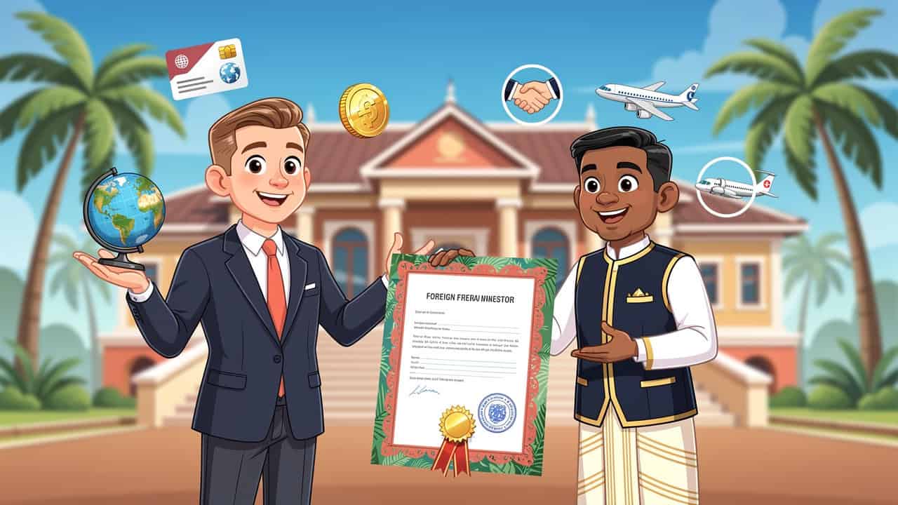 Cartoon foreign investor registering a business in Sri Lanka