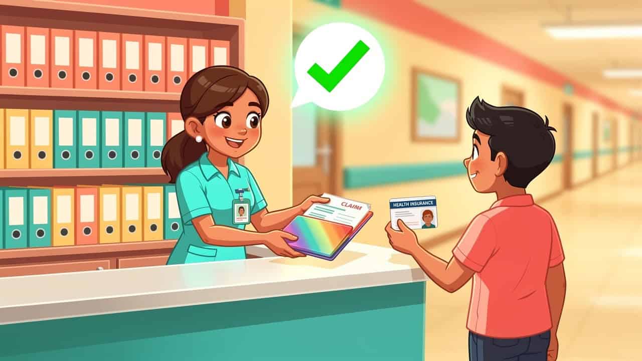 Friendly hospital staff helping patient file health insurance claim