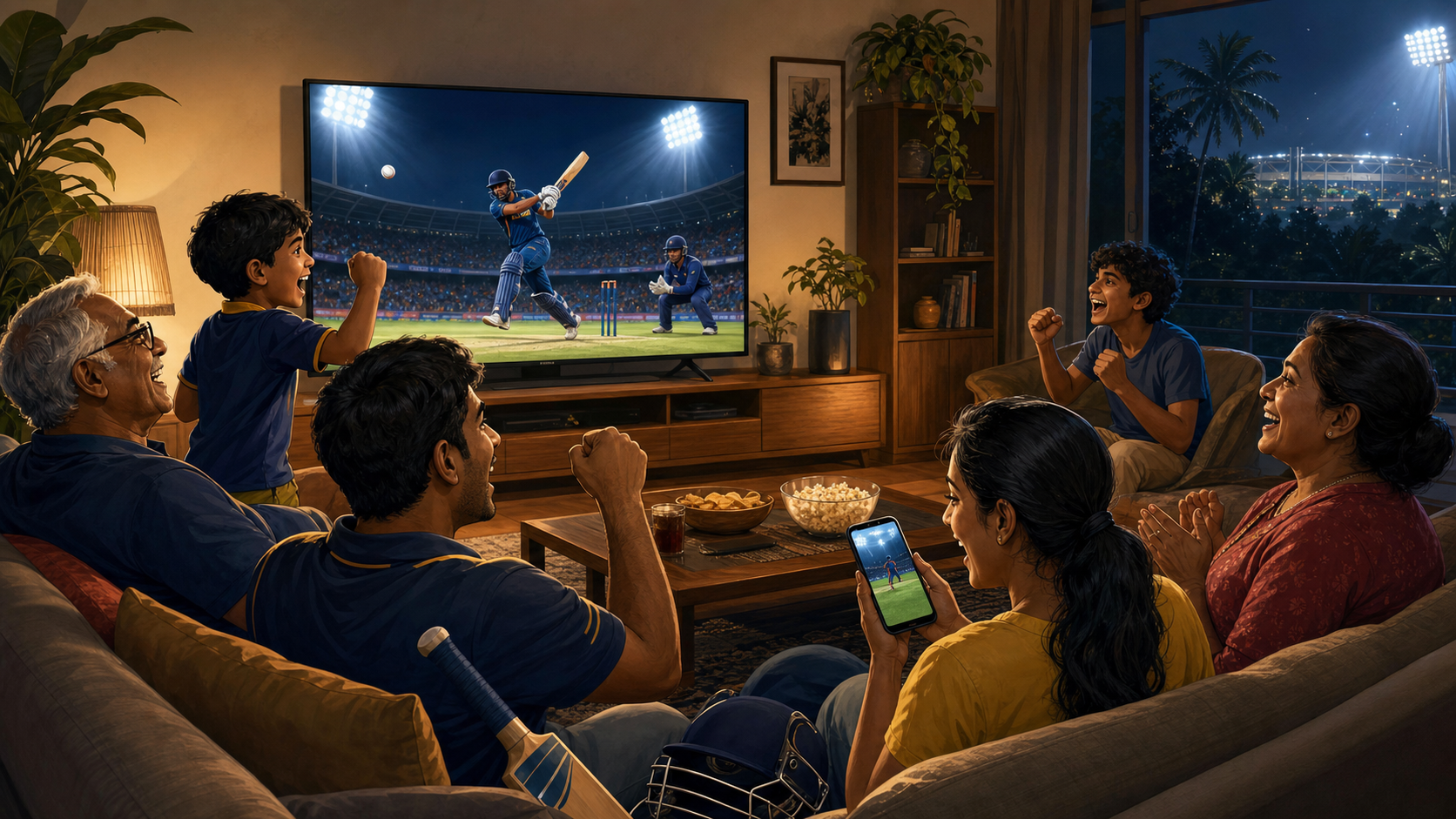 Cartoon illustration of a Sri Lankan family watching an LPL cricket match on television and mobile