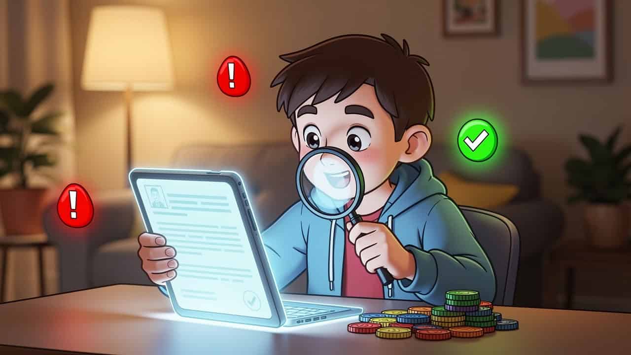 Cartoon character reviewing loan app terms carefully