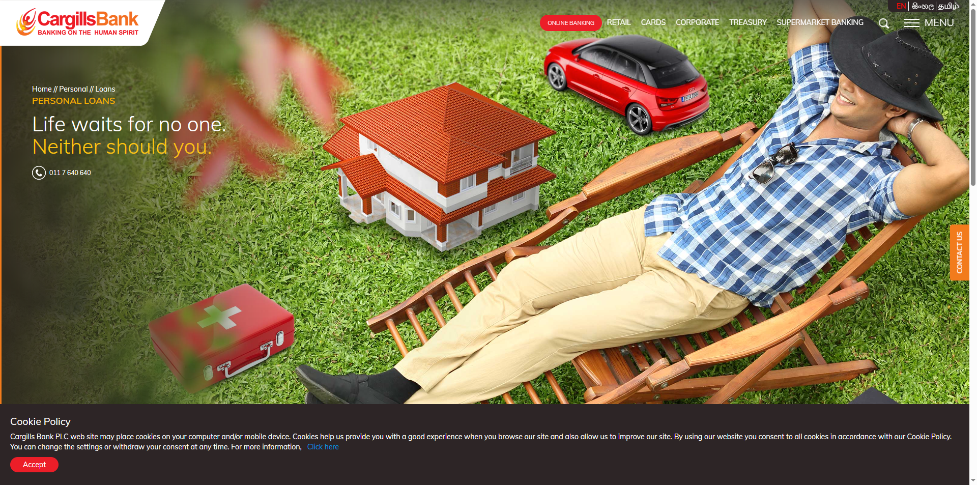 Cargills Bank personal loan page showing 12% rate for professionals and 13.5% for salaried employees in Sri Lanka
