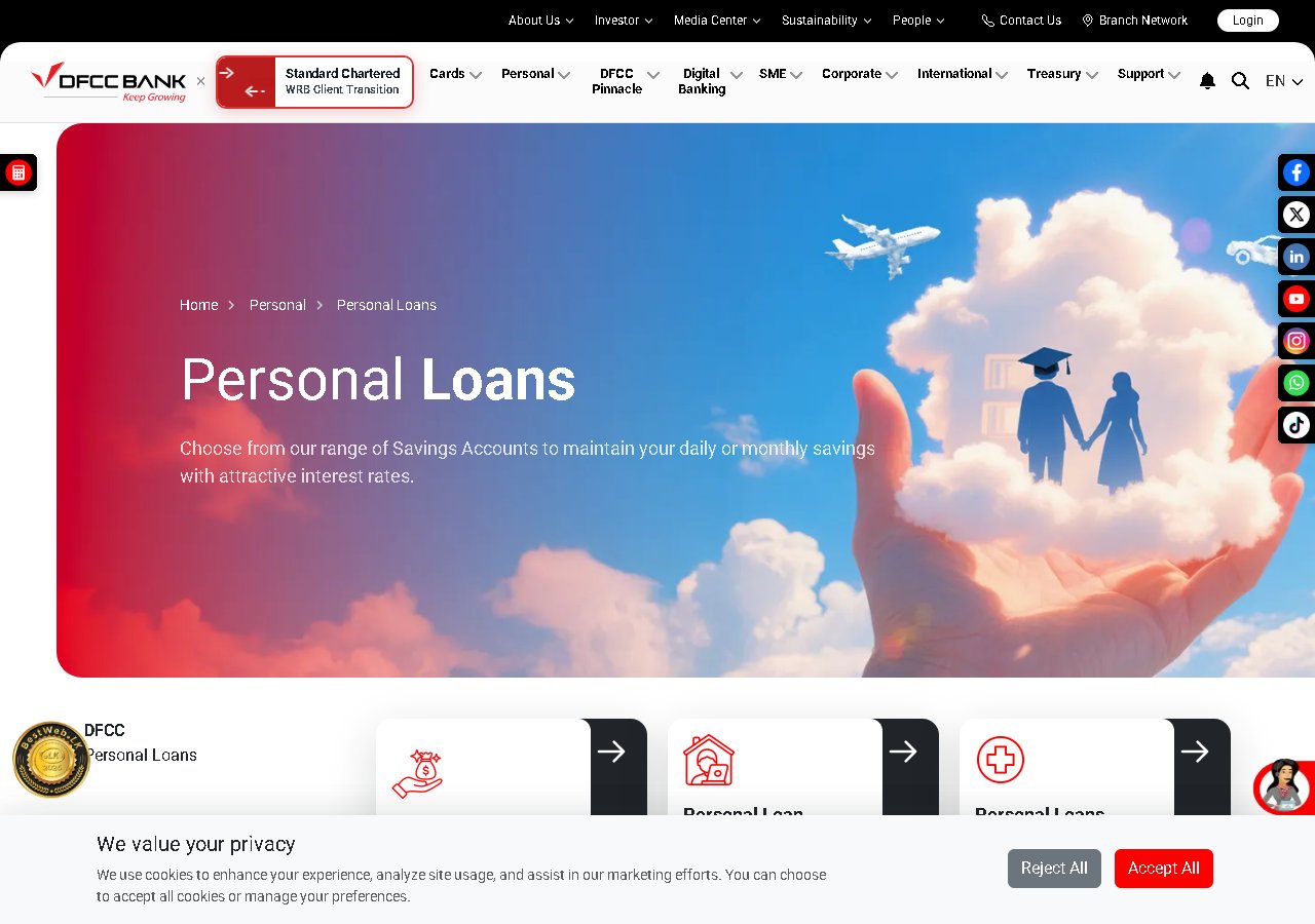 DFCC Bank personal loan page showing 14 loan products including personal loans, One Loan debt consolidation, teachers loans, and pension loans in Sri Lanka