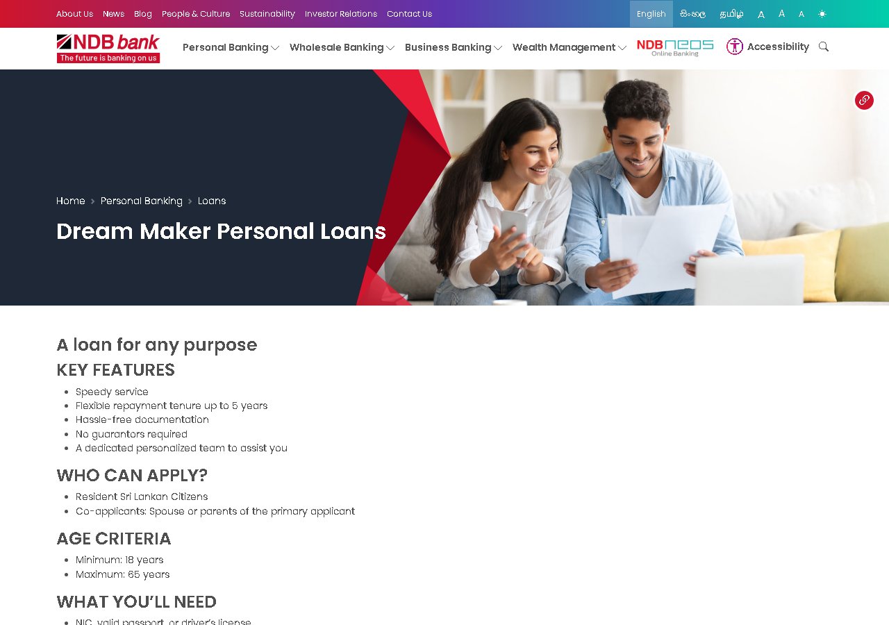 NDB Bank personal loan page with digital pre-application for Sri Lankan borrowers