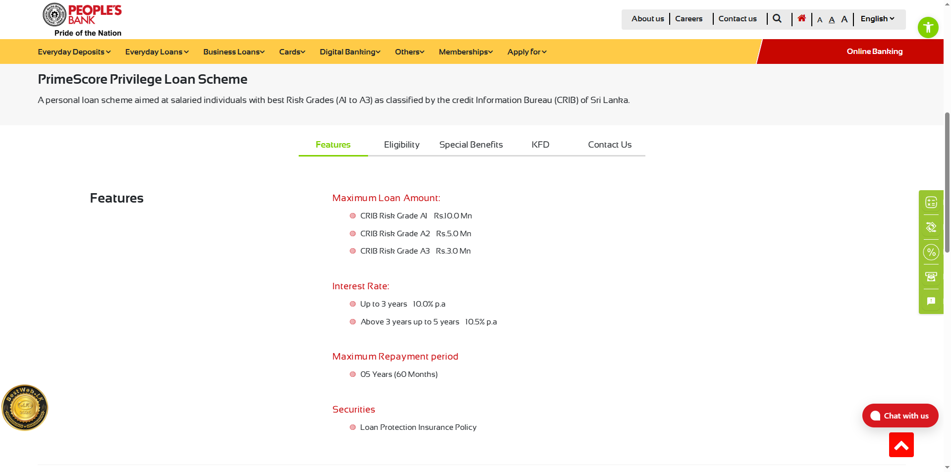 People's Bank PrimeScore Privilege loan scheme showing 11% interest rate for A1 CRIB grade borrowers with up to LKR 10 million