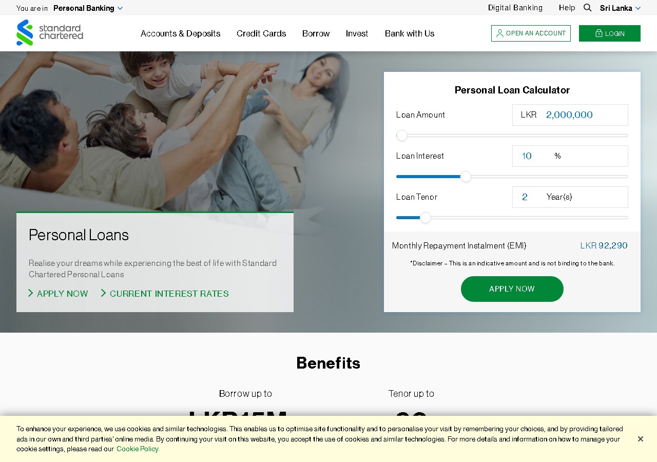 Standard Chartered Sri Lanka personal loan page showing up to LKR 15 million with no guarantors and 60 month repayment