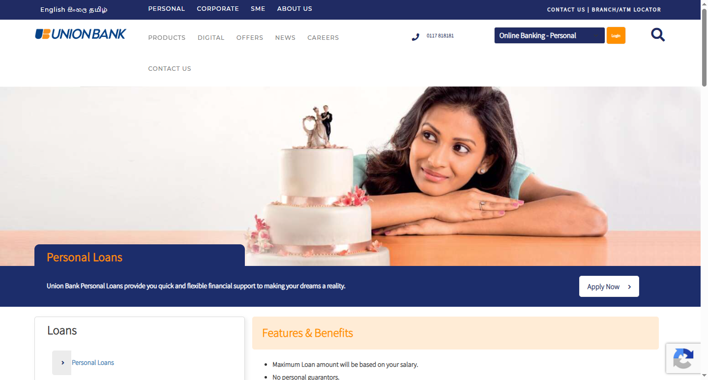 Union Bank Sri Lanka personal loan page showing no guarantor requirement, 5 year repayment, and LKR 150,000 minimum salary