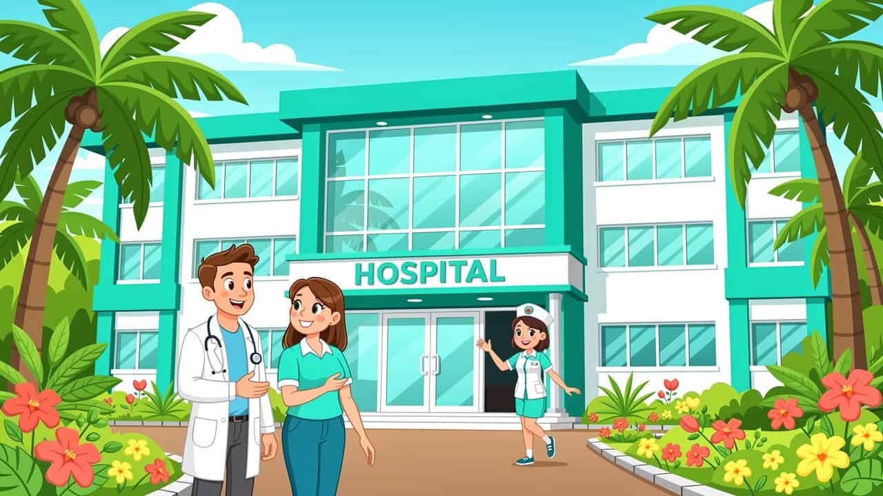 Colorful cartoon of Sri Lanka private hospital with friendly staff