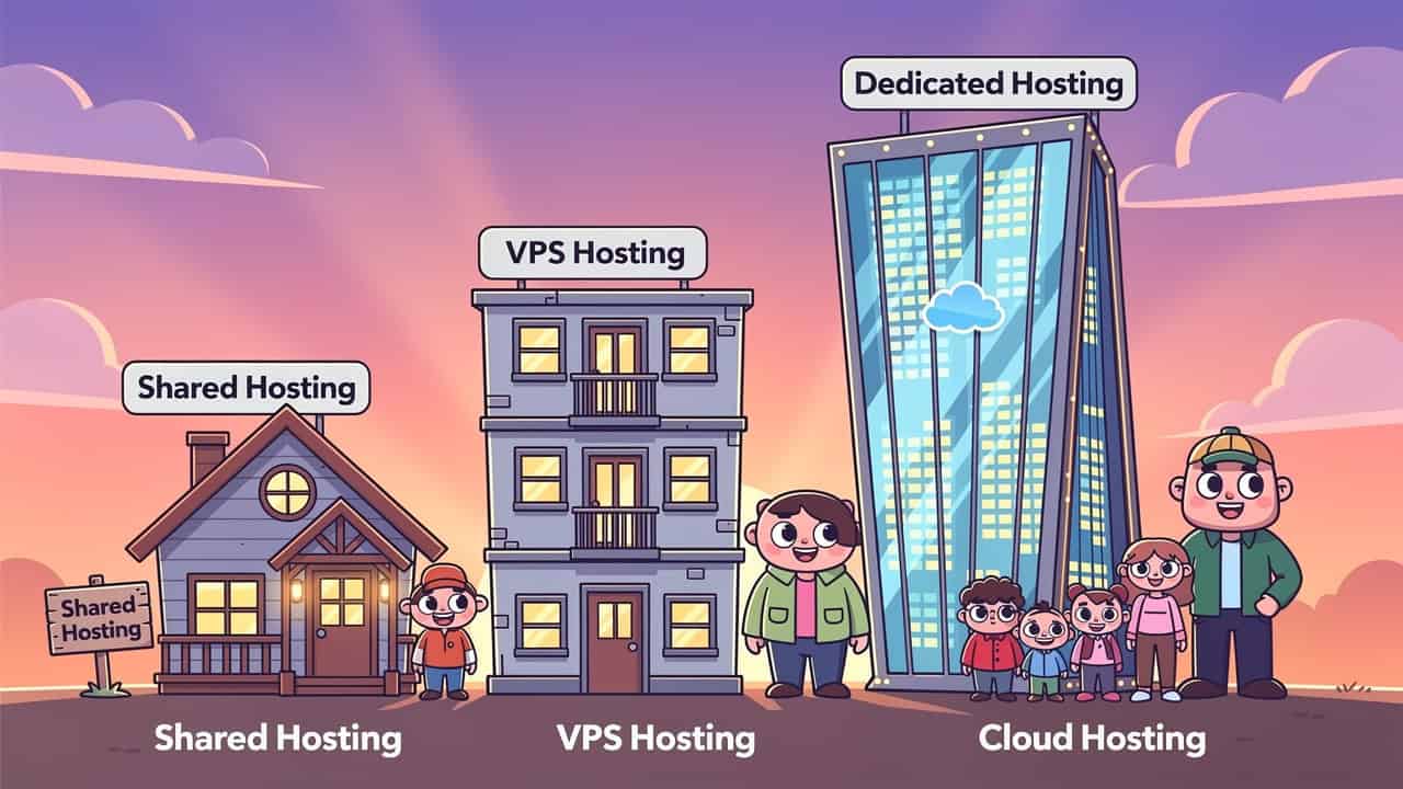 Verschiedene Webhosting-Typen im Vergleich – Cartoon-Illustration