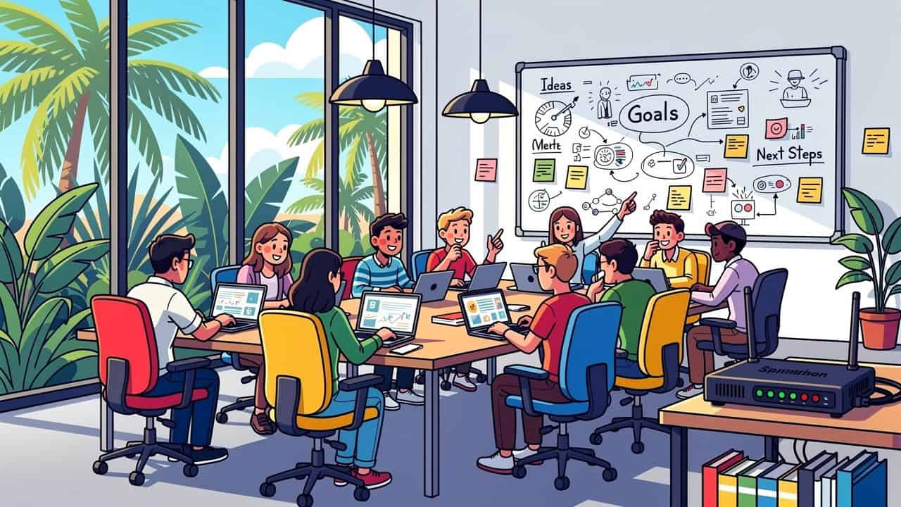 Co-working space with remote workers collaborating